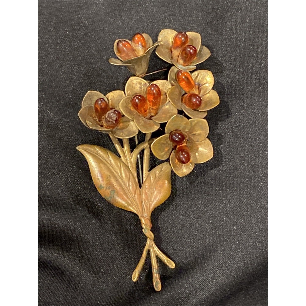 Vintage Copper Amber 4"Brooch Floral Bouquet Patina Wire Rivets Unsigned